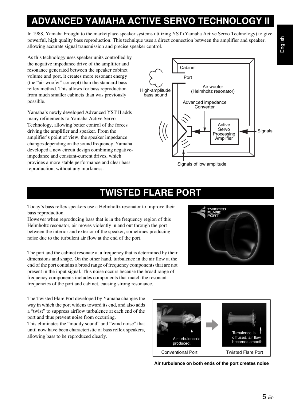 Advanced yamaha active servo technology ii, Twisted flare port, 5 for | Yamaha NS-SW050 User Manual | Page 9 / 32