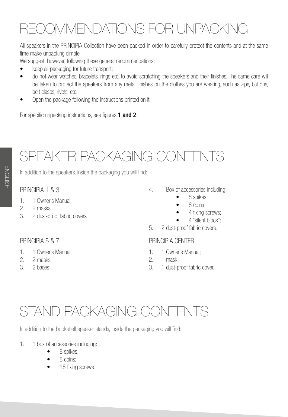 Recommendations for unpacking | Sonus Faber Principia 1 User Manual | Page 10 / 44
