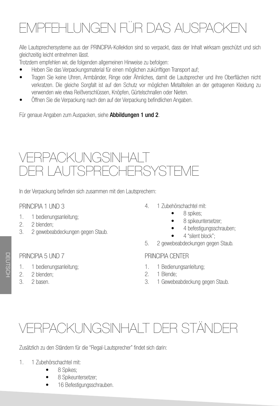 Empfehlungen für das auspacken | Sonus Faber Principia 1 User Manual | Page 14 / 44