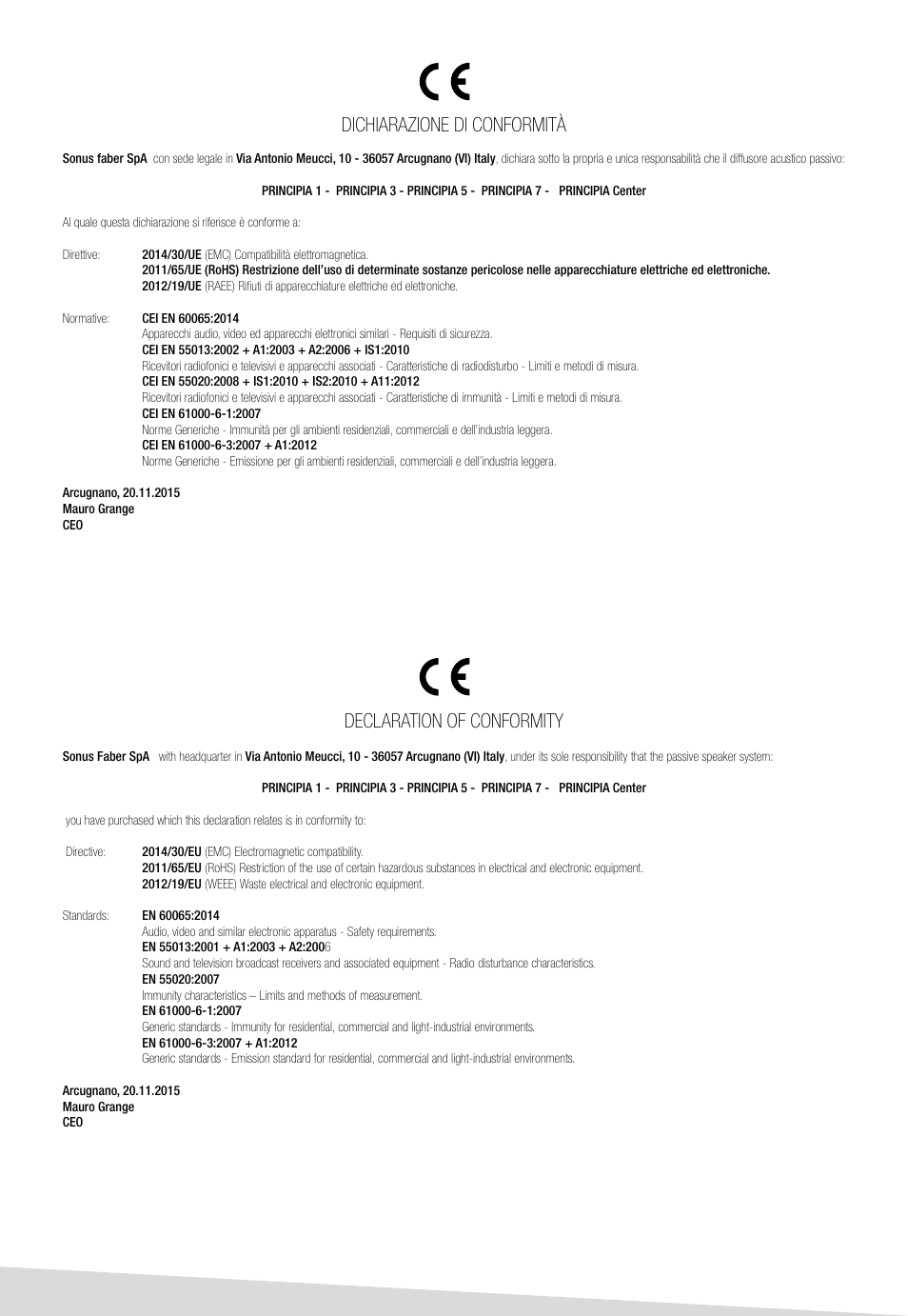 Dichiarazione di conformità, Declaration of conformity | Sonus Faber Principia 1 User Manual | Page 36 / 44