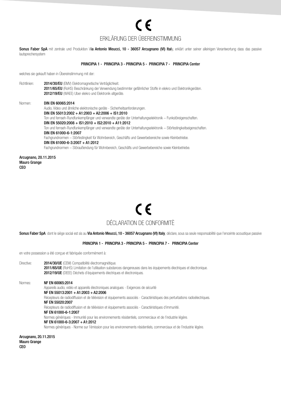 Déclaration de conformitè, Erklärung der übereinstimmung | Sonus Faber Principia 1 User Manual | Page 37 / 44