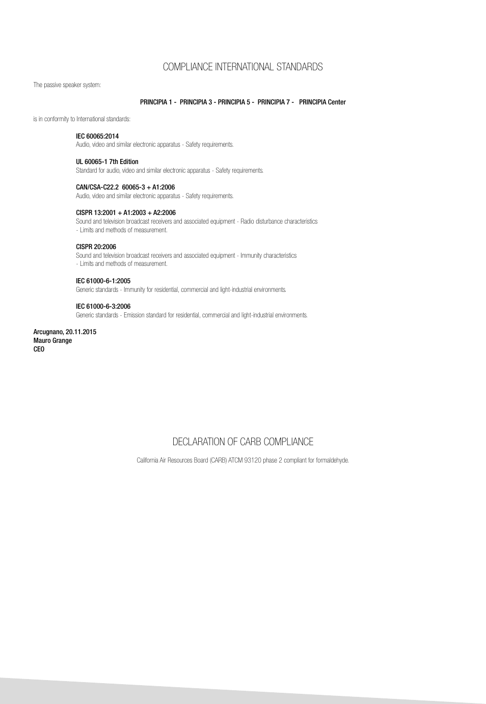 Compliance international standards, Declaration of carb compliance | Sonus Faber Principia 1 User Manual | Page 38 / 44