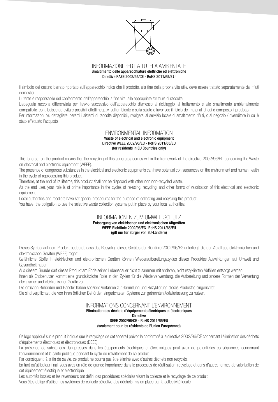 Informazioni per la tutela ambientale, Environmental information, Informations concernant l’environnement | Informationen zum umweltschutz | Sonus Faber Principia 1 User Manual | Page 39 / 44