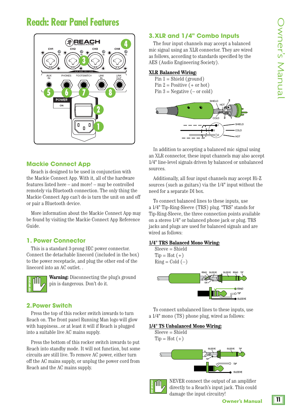 Reach: rear panel features, Mackie connect app, Power connector | Power switch, Xlr and 1/4" combo inputs, Owner’ s manual | MACKIE Reach User Manual | Page 11 / 28