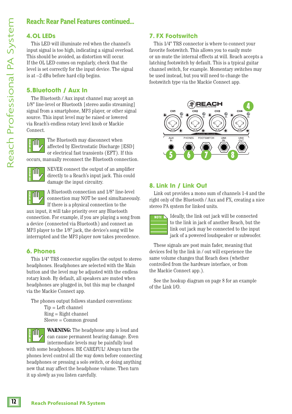 Ol leds, Bluetooth / aux in, Phones | Fx footswitch, Link in / link out, Re ach pr of es sional p a sy st em, Reach: rear panel features continued | MACKIE Reach User Manual | Page 12 / 28