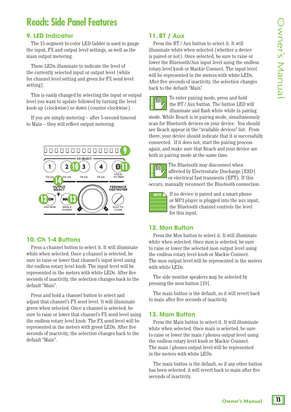 Reach: side panel features, Led indicator, Ch 1-4 buttons | Bt / aux, Mon button, Main button, Owner’ s manual | MACKIE Reach User Manual | Page 13 / 28