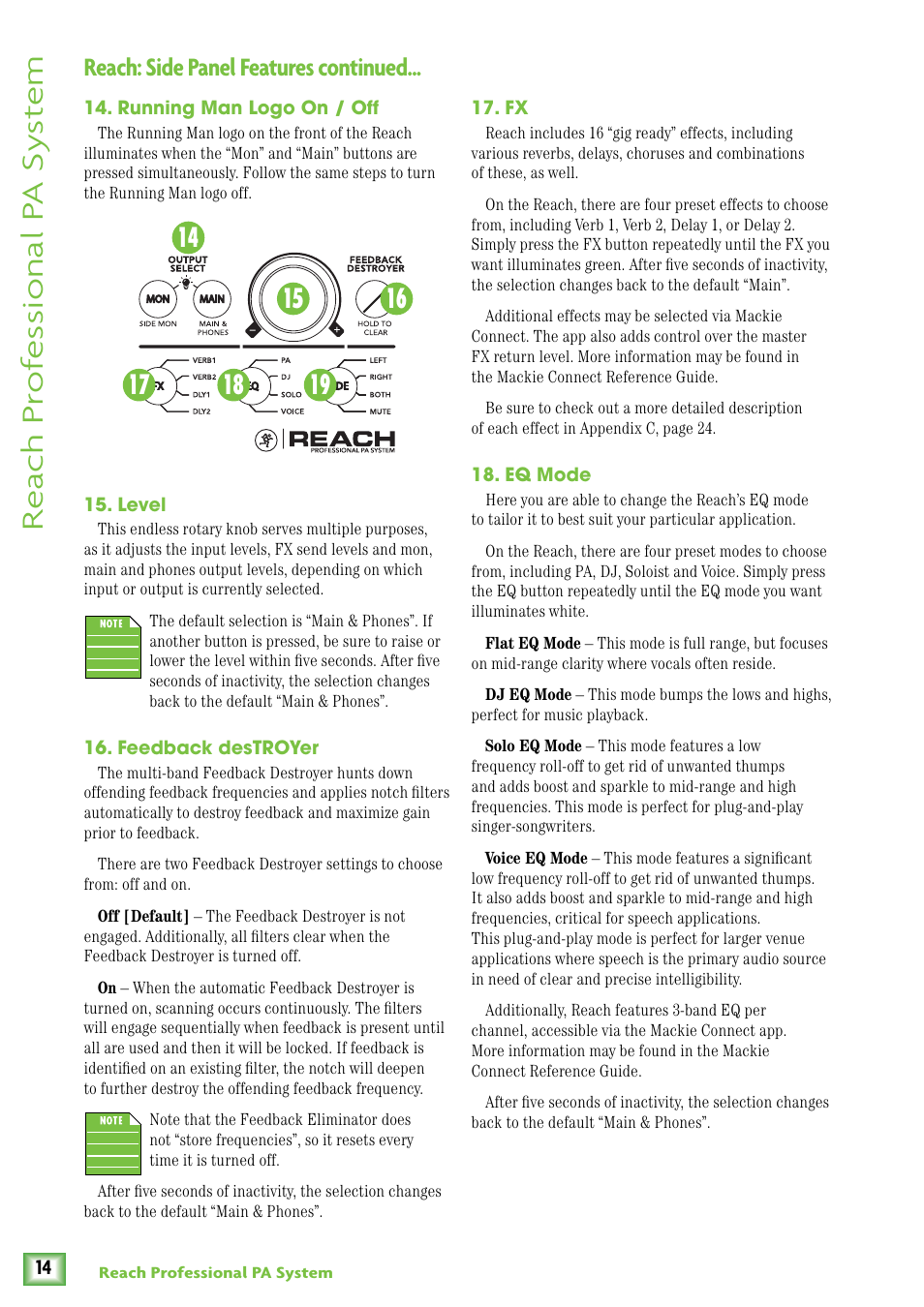 Running man logo on / off, Level, Feedback destroyer | Eq mode, Re ach pr of es sional p a sy st em, Reach: side panel features continued | MACKIE Reach User Manual | Page 14 / 28