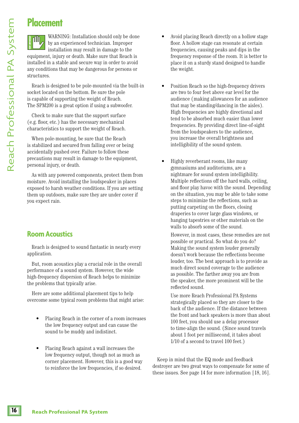 Placement, Room acoustics, Re ach pr of es sional p a sy st em | MACKIE Reach User Manual | Page 16 / 28