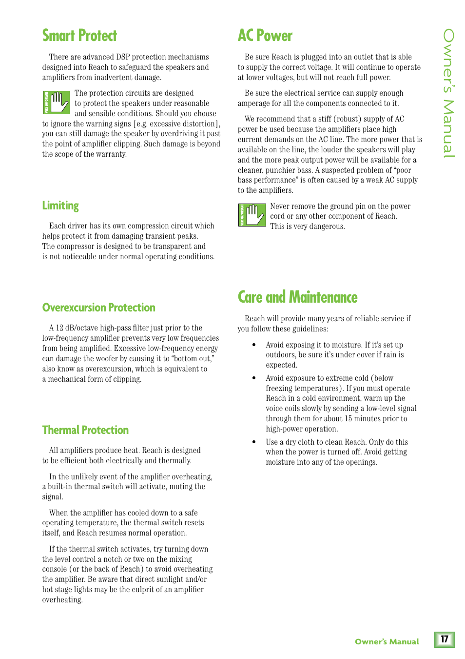 Smart protect, Limiting, Overexcursion protection | Thermal protection, Ac power, Care and maintenance, Owner’ s manual | MACKIE Reach User Manual | Page 17 / 28