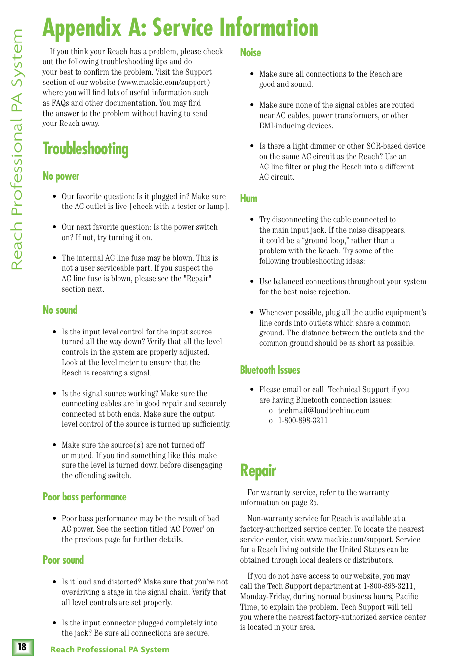 Appendix a: service information, Repair, Troubleshooting | Re ach pr of es sional p a sy st em | MACKIE Reach User Manual | Page 18 / 28