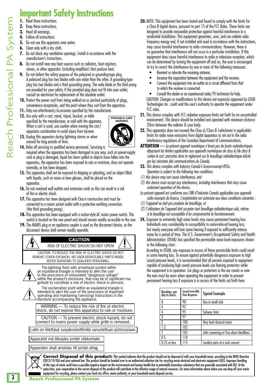 Important safety instructions, Re ach pr of es sional p a sy st em | MACKIE Reach User Manual | Page 2 / 28