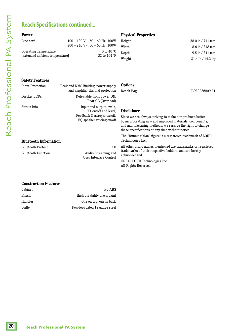Re ach pr of es sional p a sy st em, Reach specifications continued | MACKIE Reach User Manual | Page 20 / 28