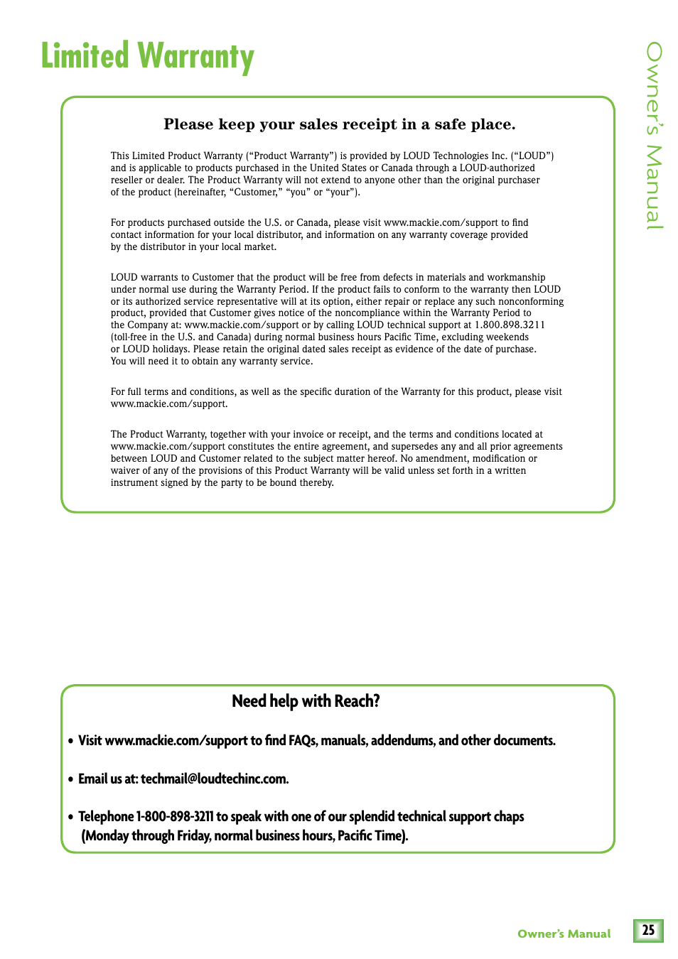 Limited warranty, Owner’ s manual, Need help with reach | MACKIE Reach User Manual | Page 25 / 28
