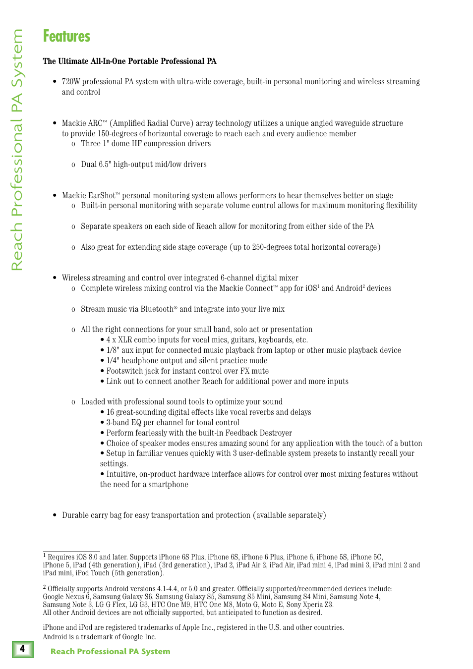 Features, Re ach pr of es sional p a sy st em | MACKIE Reach User Manual | Page 4 / 28