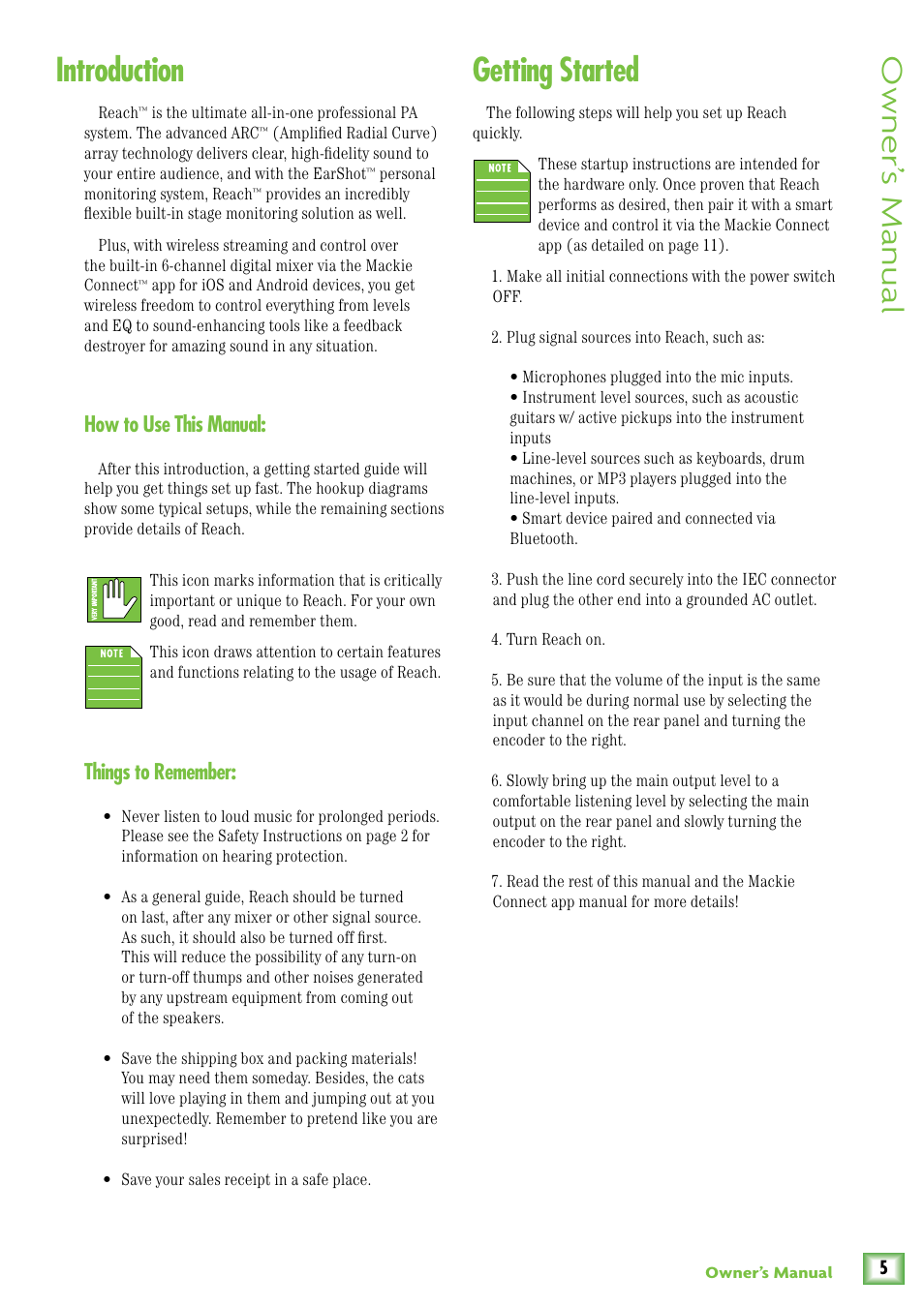 Introduction, How to use this manual, Things to remember | Getting started, Owner’ s manual | MACKIE Reach User Manual | Page 5 / 28