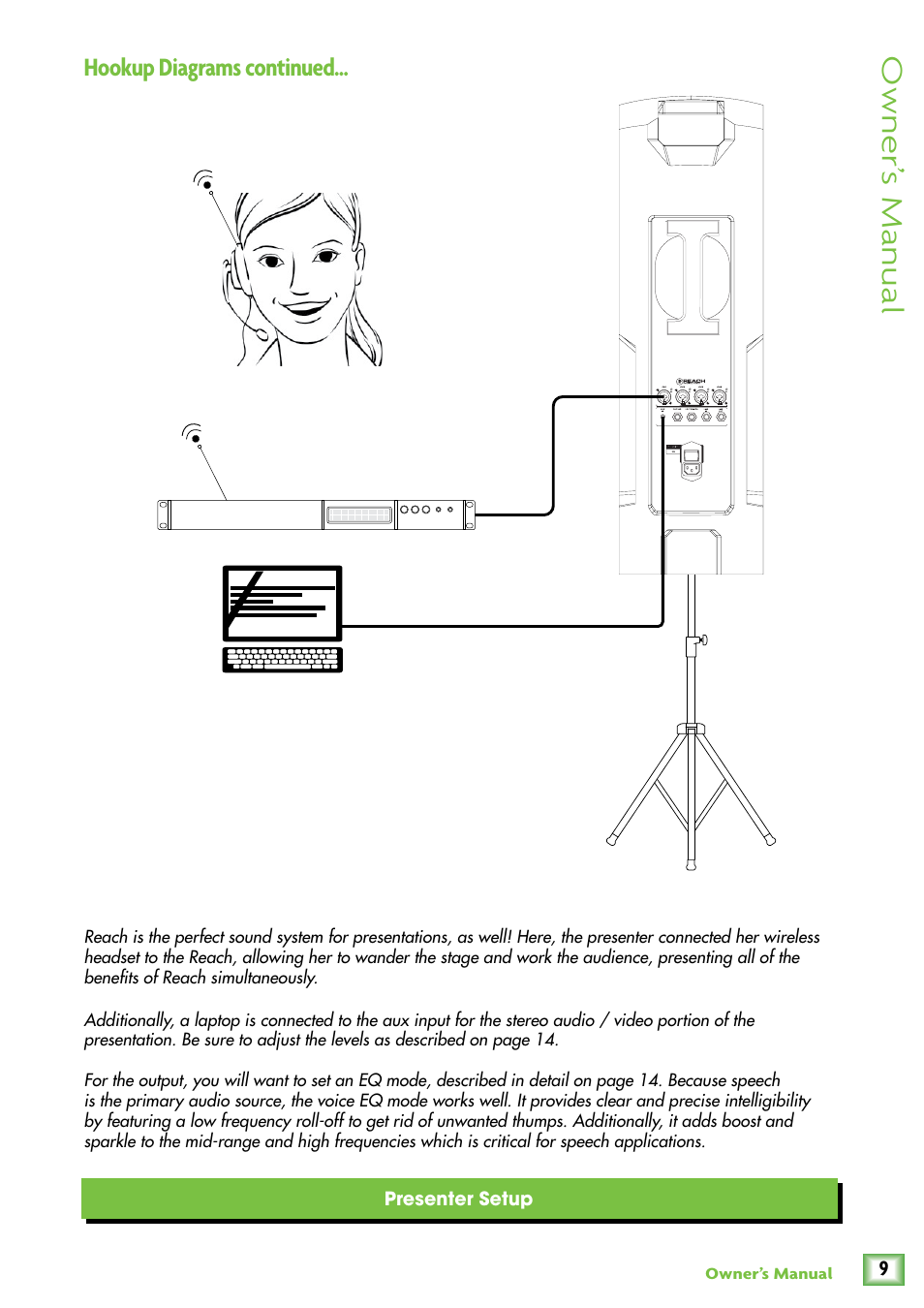 Owner’ s manual, Hookup diagrams continued | MACKIE Reach User Manual | Page 9 / 28