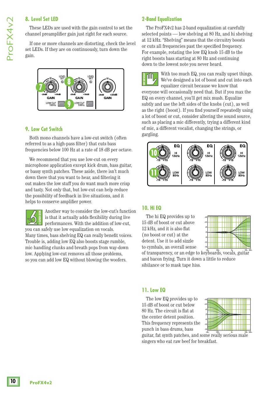 Level set led, Low cut switch, Band equalization | Hi eq, Low eq, Pr ofx4v2, Profx4v2 | MACKIE ProFX4v2 User Manual | Page 10 / 24