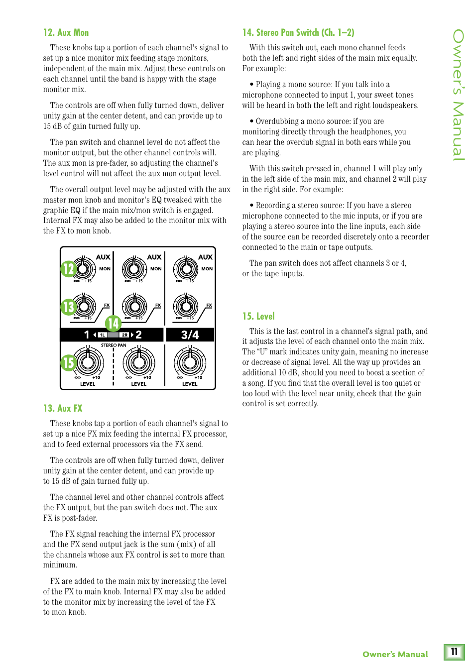 Aux mon, Aux fx, Stereo pan switch (ch. 1-2) | Level, Owner’ s manual | MACKIE ProFX4v2 User Manual | Page 11 / 24