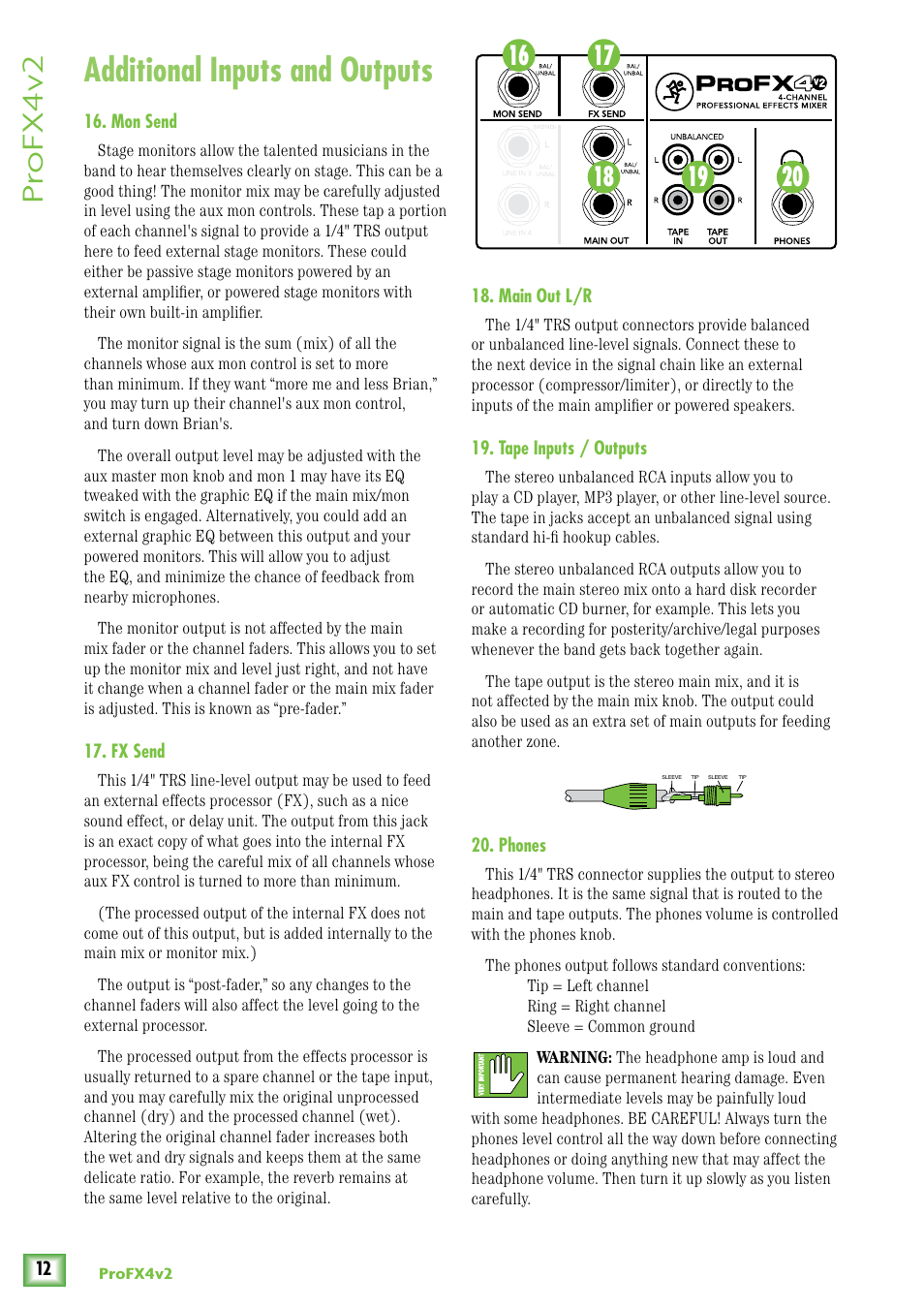 Additional inputs and outputs, Mon send, Fx send | Main out l/r, Tape inputs / outputs, Phones, Pr ofx4v2 | MACKIE ProFX4v2 User Manual | Page 12 / 24