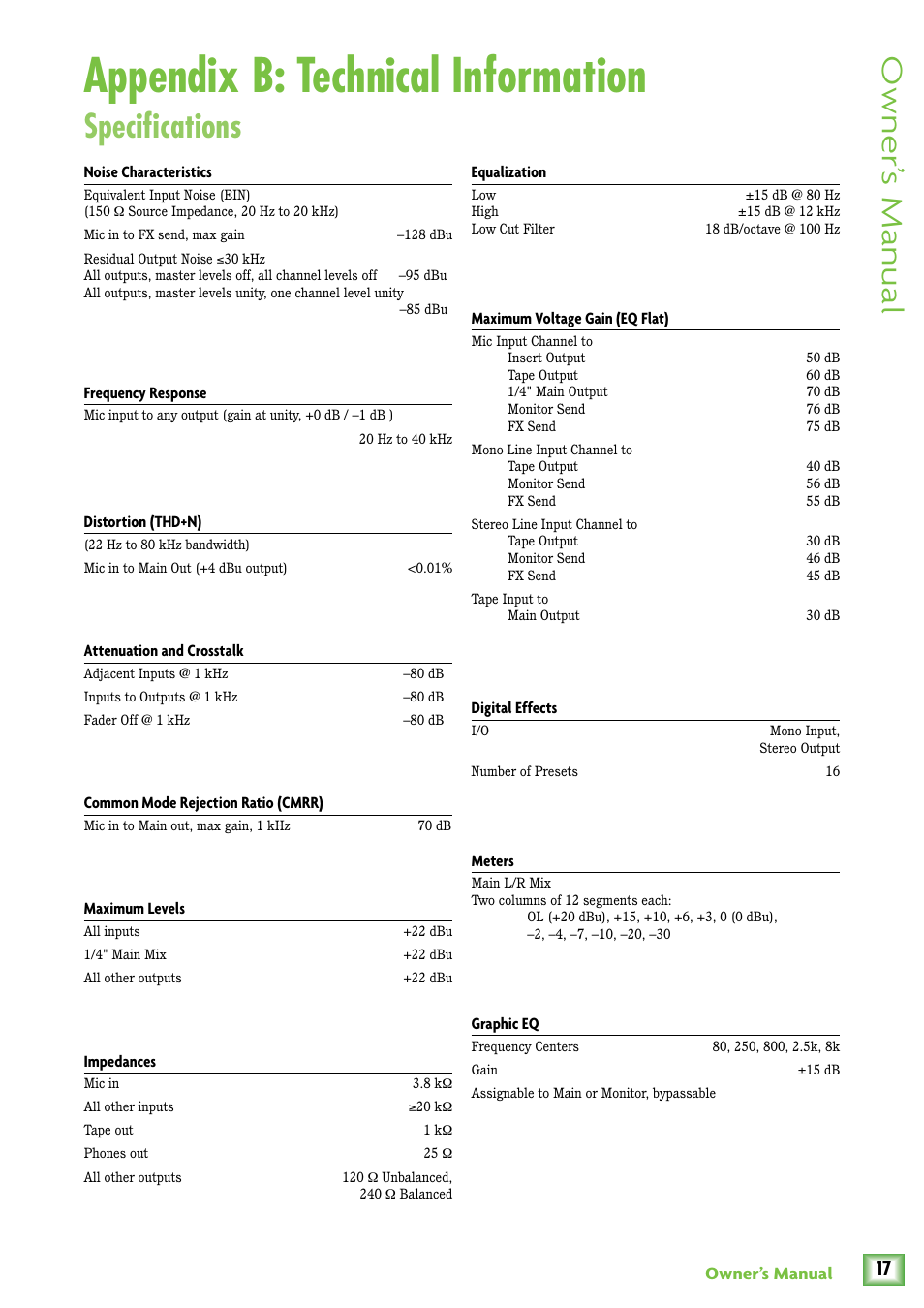 Appendix b: technical information, Specifications, Owner’ s manual | MACKIE ProFX4v2 User Manual | Page 17 / 24