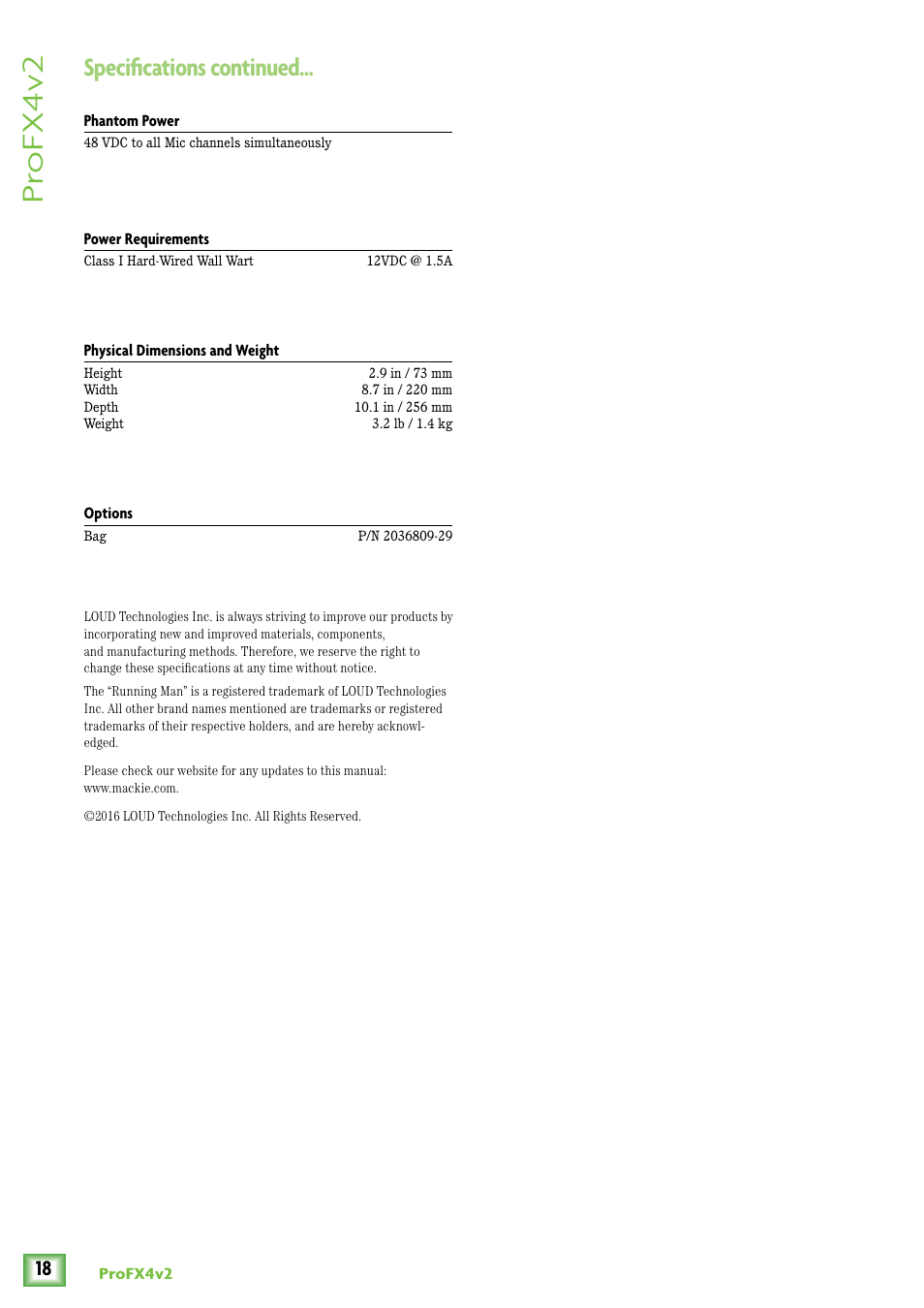 Pr ofx4v2, Specifications continued | MACKIE ProFX4v2 User Manual | Page 18 / 24