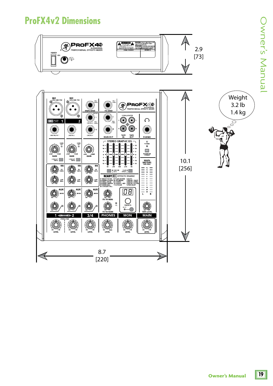 Dimensions, Profx4v2 dimensions, Owner’ s manual | MACKIE ProFX4v2 User Manual | Page 19 / 24