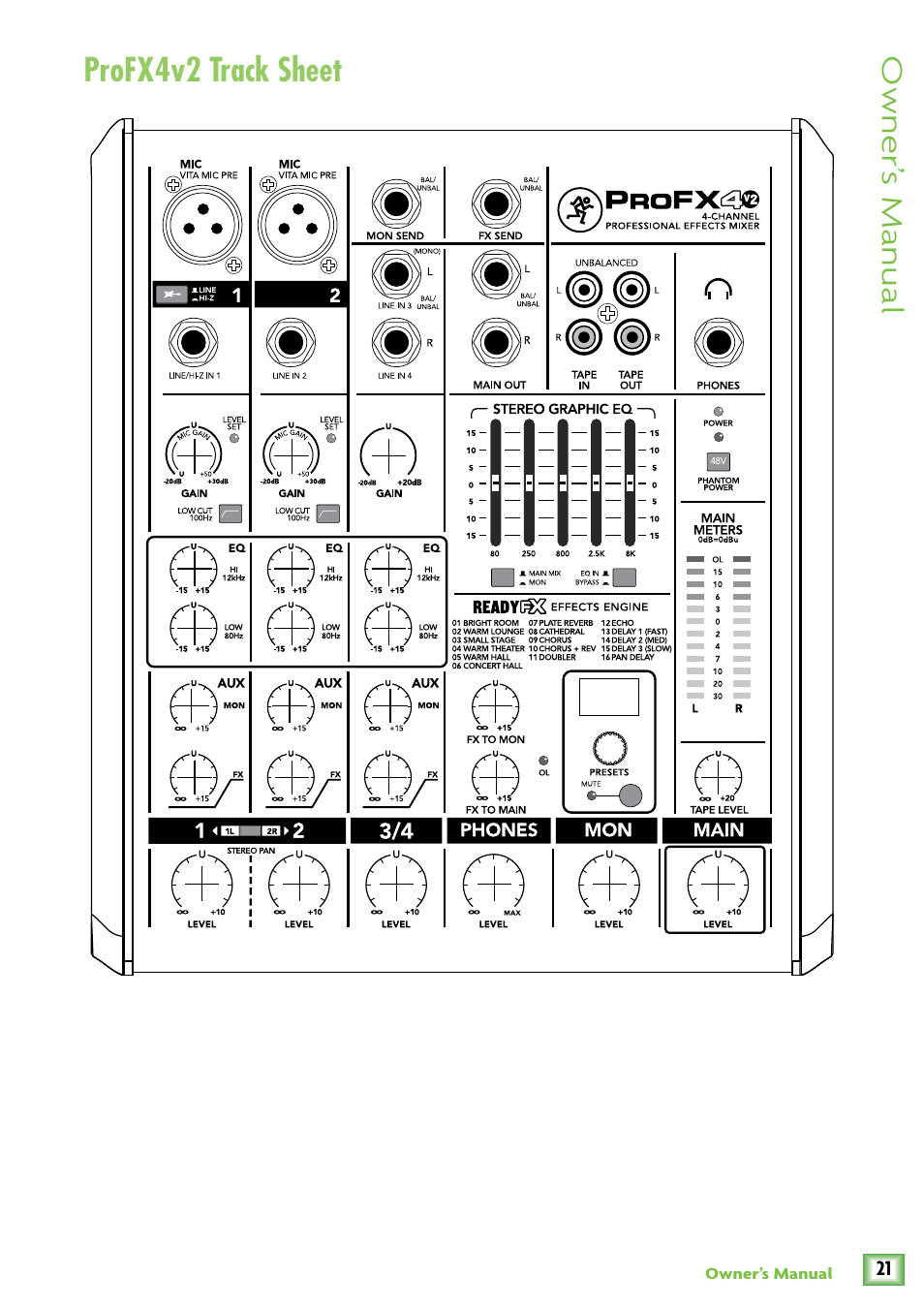 Track sheet, Profx4v2 track sheet, Owner’ s manual | MACKIE ProFX4v2 User Manual | Page 21 / 24