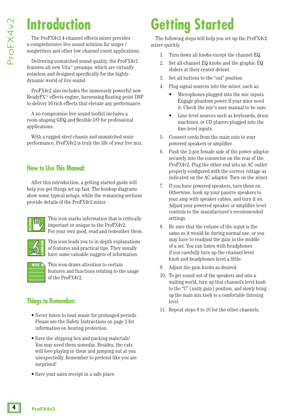 Introduction, How to use this manual, Things to remember | Getting started, Getting started introduction, Pr ofx4v2 | MACKIE ProFX4v2 User Manual | Page 4 / 24