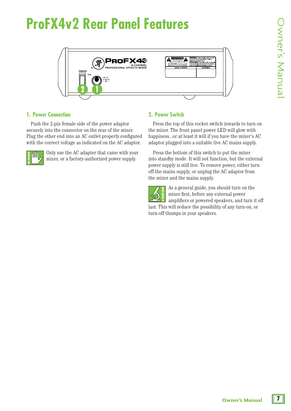Profx4v2 rear panel features, Power connection, Power switch | Owner’ s manual | MACKIE ProFX4v2 User Manual | Page 7 / 24