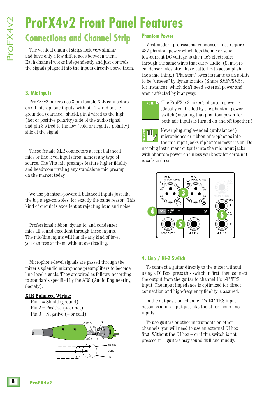 Profx4v2 front panel features, Connections and channel strip, Mic inputs | Phantom power, Line / hi-z switch, Pr ofx4v2 | MACKIE ProFX4v2 User Manual | Page 8 / 24