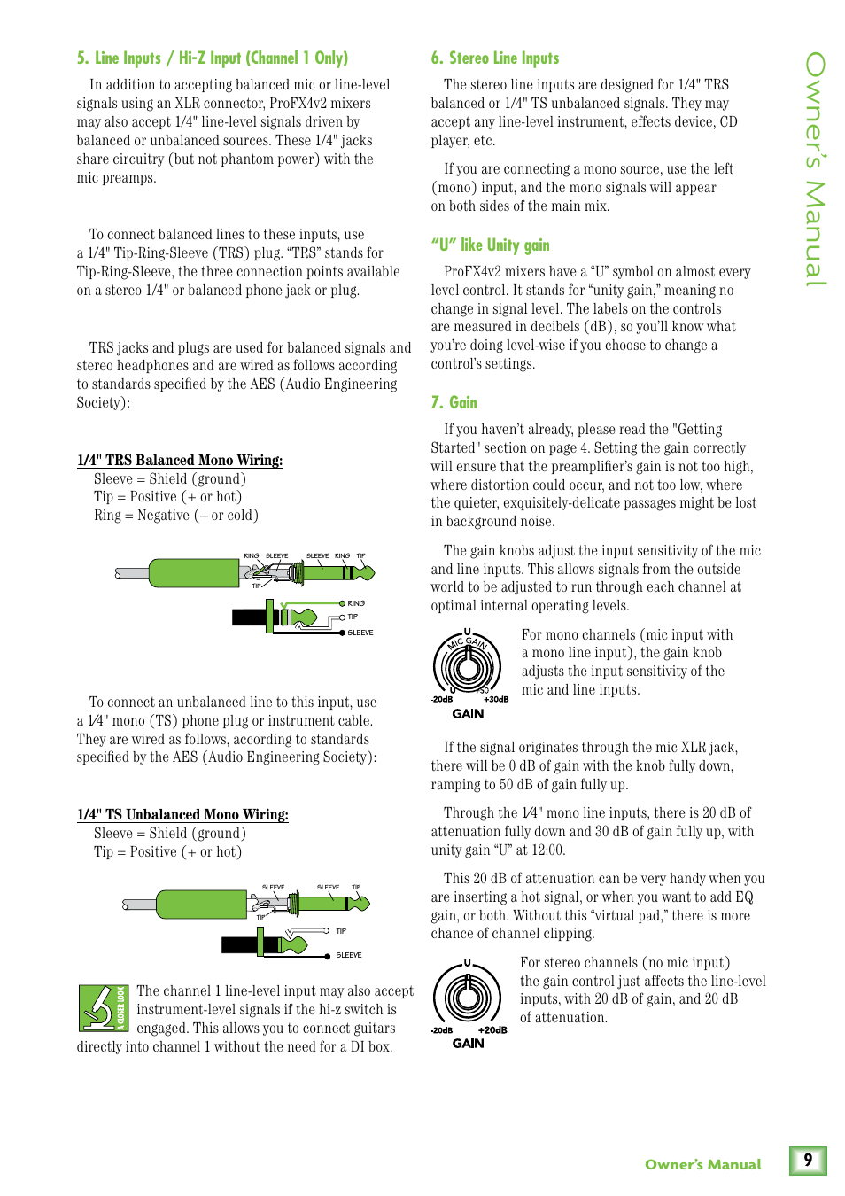 Line inputs / hi-z input (channel 1 only), Stereo line inputs, U" like unity gain | Gain, Owner’ s manual, U” like unity gain | MACKIE ProFX4v2 User Manual | Page 9 / 24