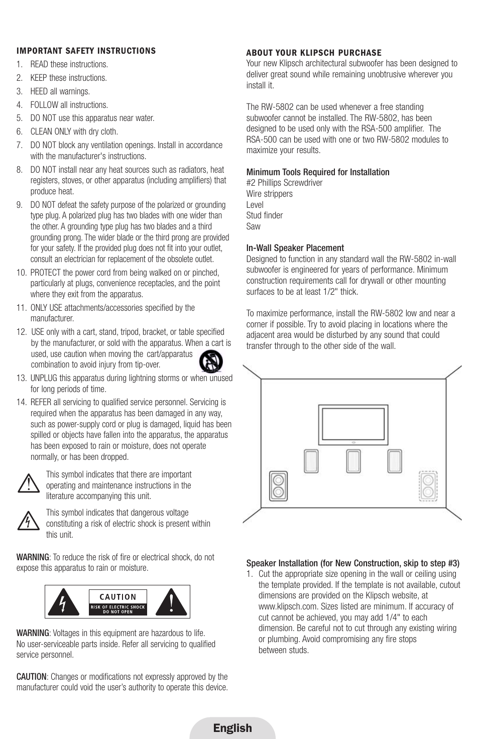 English | Klipsch RW-5802 User Manual | Page 2 / 8