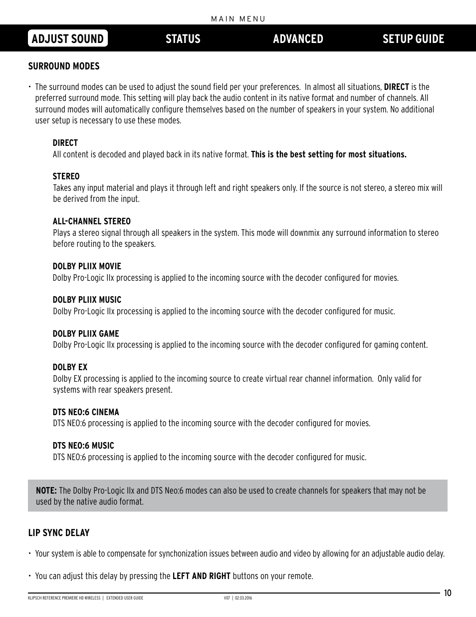 Adjust sound status advanced setup guide | Klipsch RP-140WM User Manual | Page 10 / 18