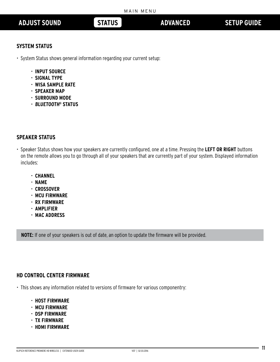Adjust sound status advanced setup guide, Status | Klipsch RP-140WM User Manual | Page 11 / 18