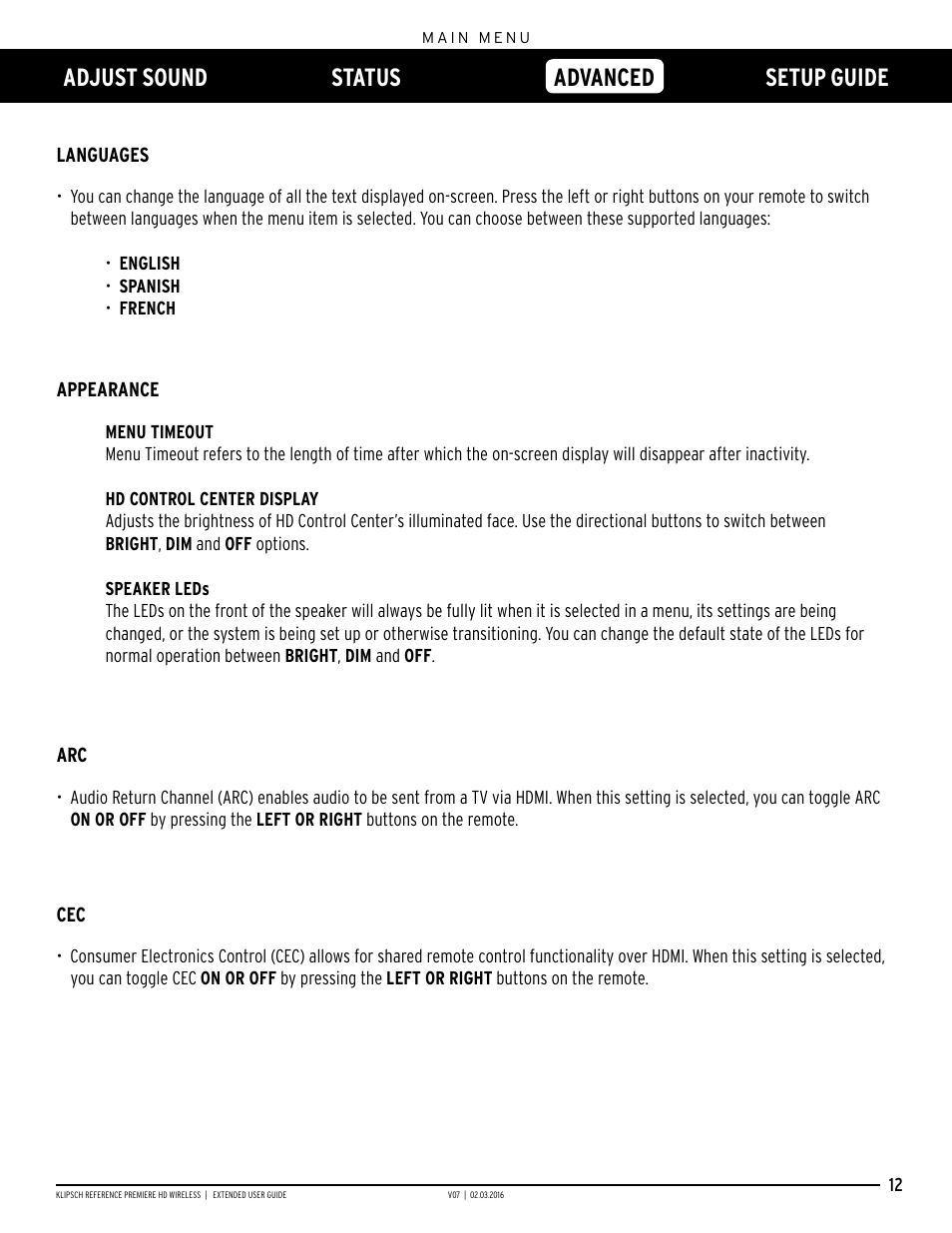 Adjust sound status advanced setup guide, Advanced | Klipsch RP-140WM User Manual | Page 12 / 18