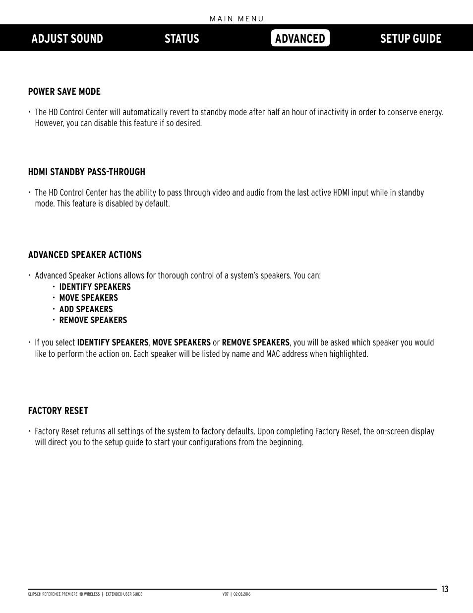 Adjust sound status advanced setup guide, Advanced | Klipsch RP-140WM User Manual | Page 13 / 18