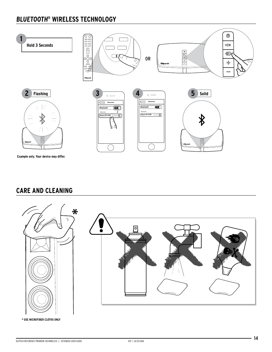 Bluetooth, Wireless technology care and cleaning, Hold 3 seconds | Solid, Flashing | Klipsch RP-140WM User Manual | Page 14 / 18