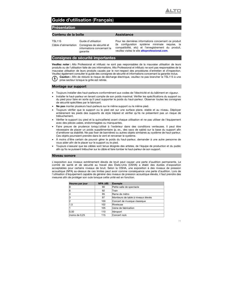 Guide d’utilisation (français), Présentation, Contenu de la boîte | Assistance, Consignes de sécurité importantes, Montage sur support, Niveau sonore, Guide d’utilisation, Français ( 11 – 14 ), Guide d’utilisation ( français ) | Alto Professional TSL115 User Manual | Page 11 / 28