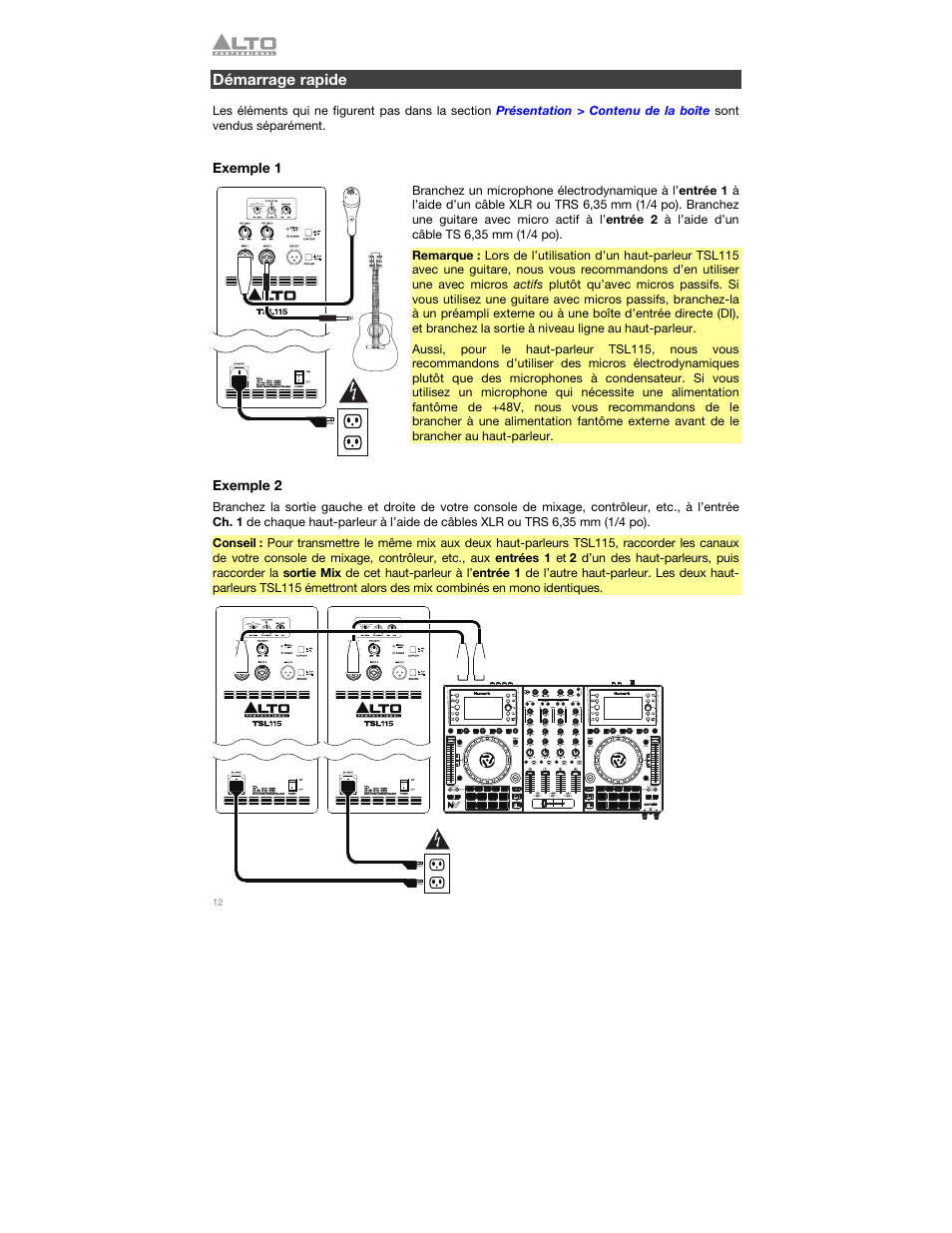 Démarrage rapide, Exemple 1, Exemple 2 | Alto Professional TSL115 User Manual | Page 12 / 28