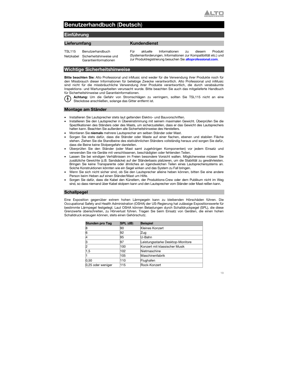 Benutzerhandbuch (deutsch), Einführung, Lieferumfang | Kundendienst, Wichtige sicherheitshinweise, Montage am ständer, Schallpegel, Benutzerhandbuch, Deutsch ( 19 – 22 ), Benutzerhandbuch ( deutsch ) | Alto Professional TSL115 User Manual | Page 19 / 28