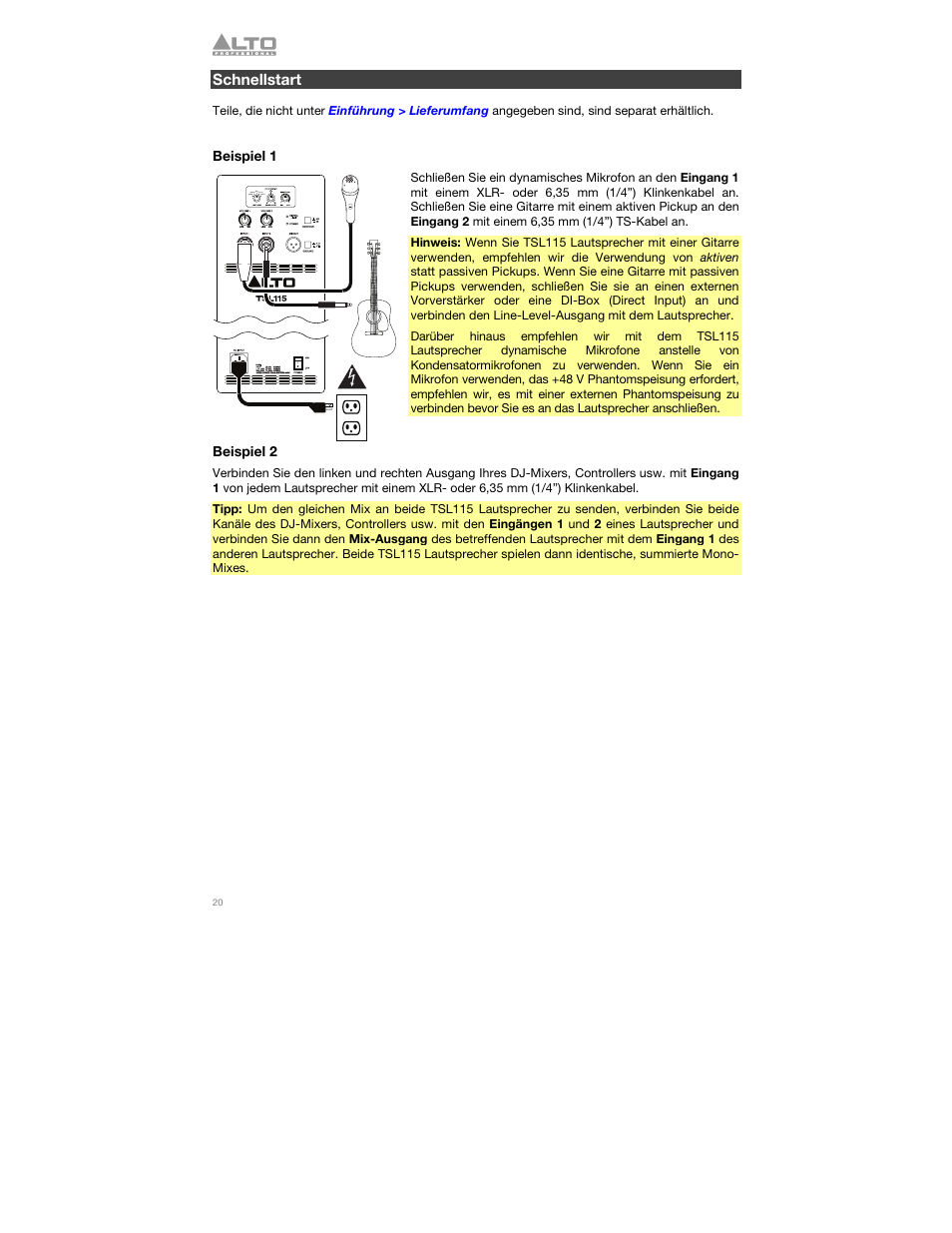 Schnellstart, Beispiel 1, Beispiel 2 | Alto Professional TSL115 User Manual | Page 20 / 28