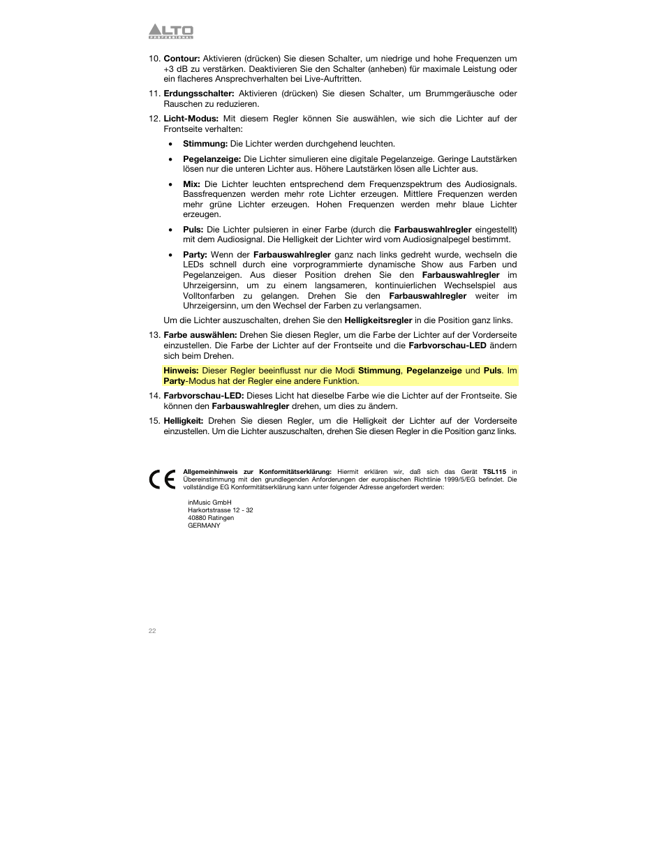 Alto Professional TSL115 User Manual | Page 22 / 28