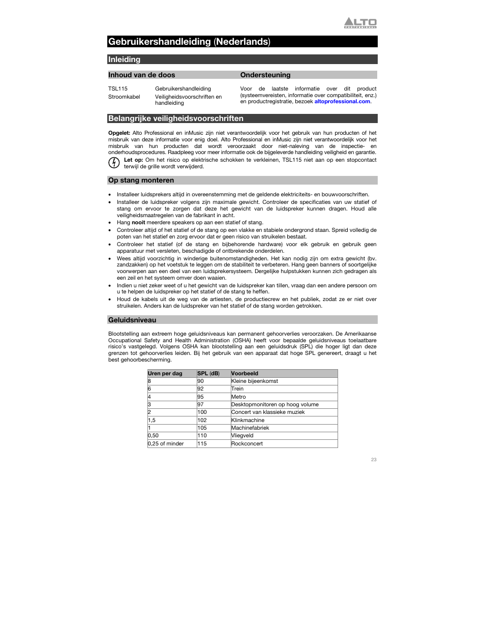 Gebruikershandleiding (nederlands), Inleiding, Inhoud van de doos | Ondersteuning, Belangrijke veiligheidsvoorschriften, Op stang monteren, Geluidsniveau, Gebruikershandleiding, Nederlands ( 23 – 26 ), Gebruikershandleiding ( nederlands ) | Alto Professional TSL115 User Manual | Page 23 / 28