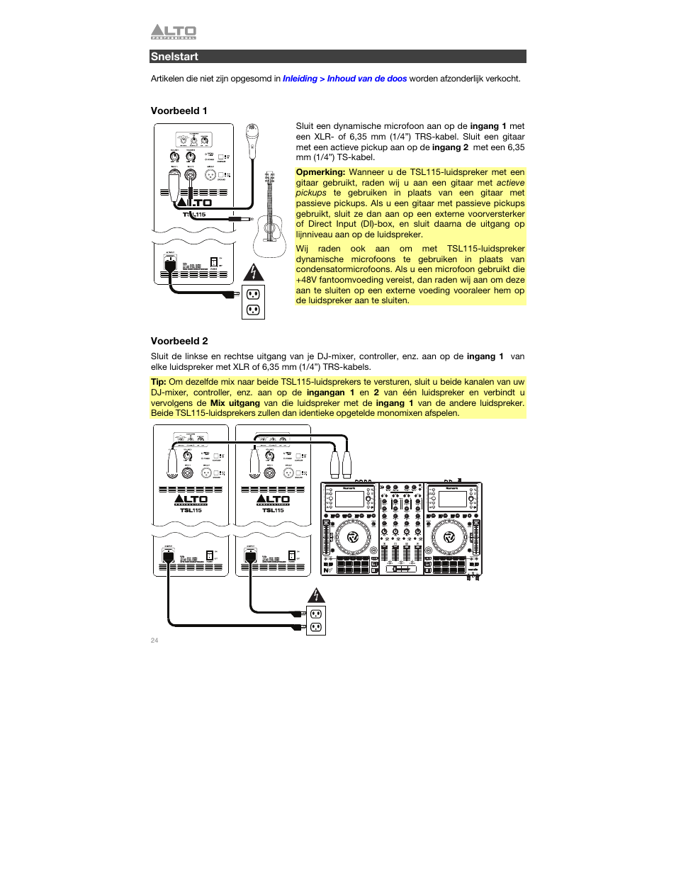 Snelstart, Voorbeeld 1, Voorbeeld 2 | Alto Professional TSL115 User Manual | Page 24 / 28