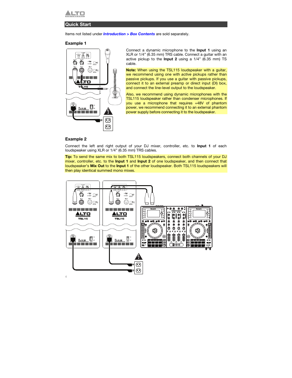 Quick start, Example 1, Example 2 | Alto Professional TSL115 User Manual | Page 4 / 28