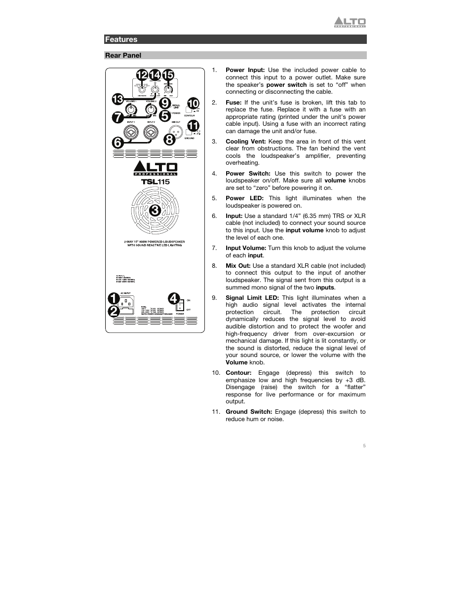 Features, Rear panel | Alto Professional TSL115 User Manual | Page 5 / 28