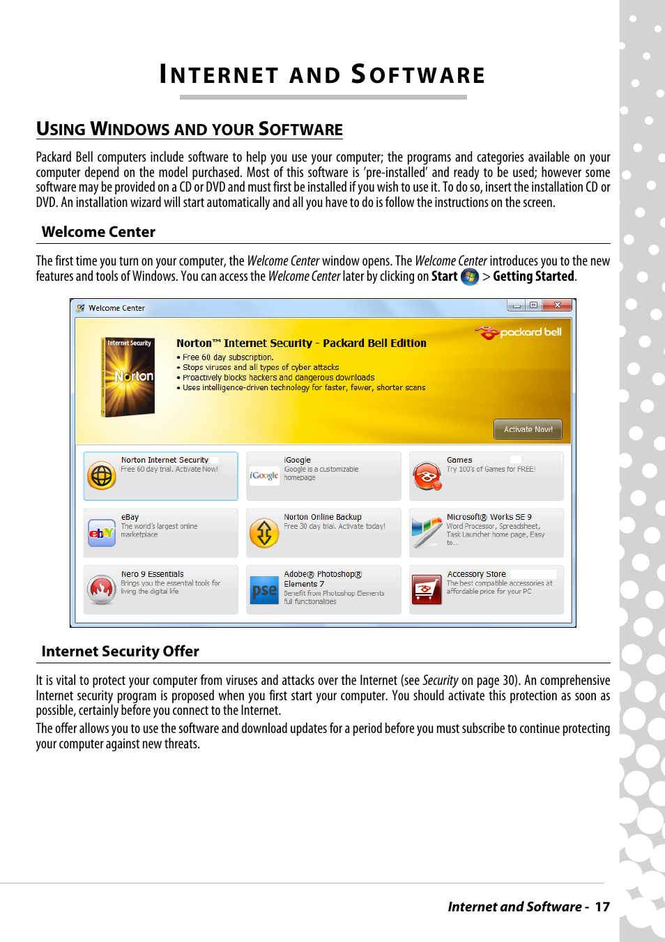 Internet and software, Using windows and your software, Welcome center | Internet security offer, A n d | PACKARD BELL EN BG35 User Manual | Page 17 / 56