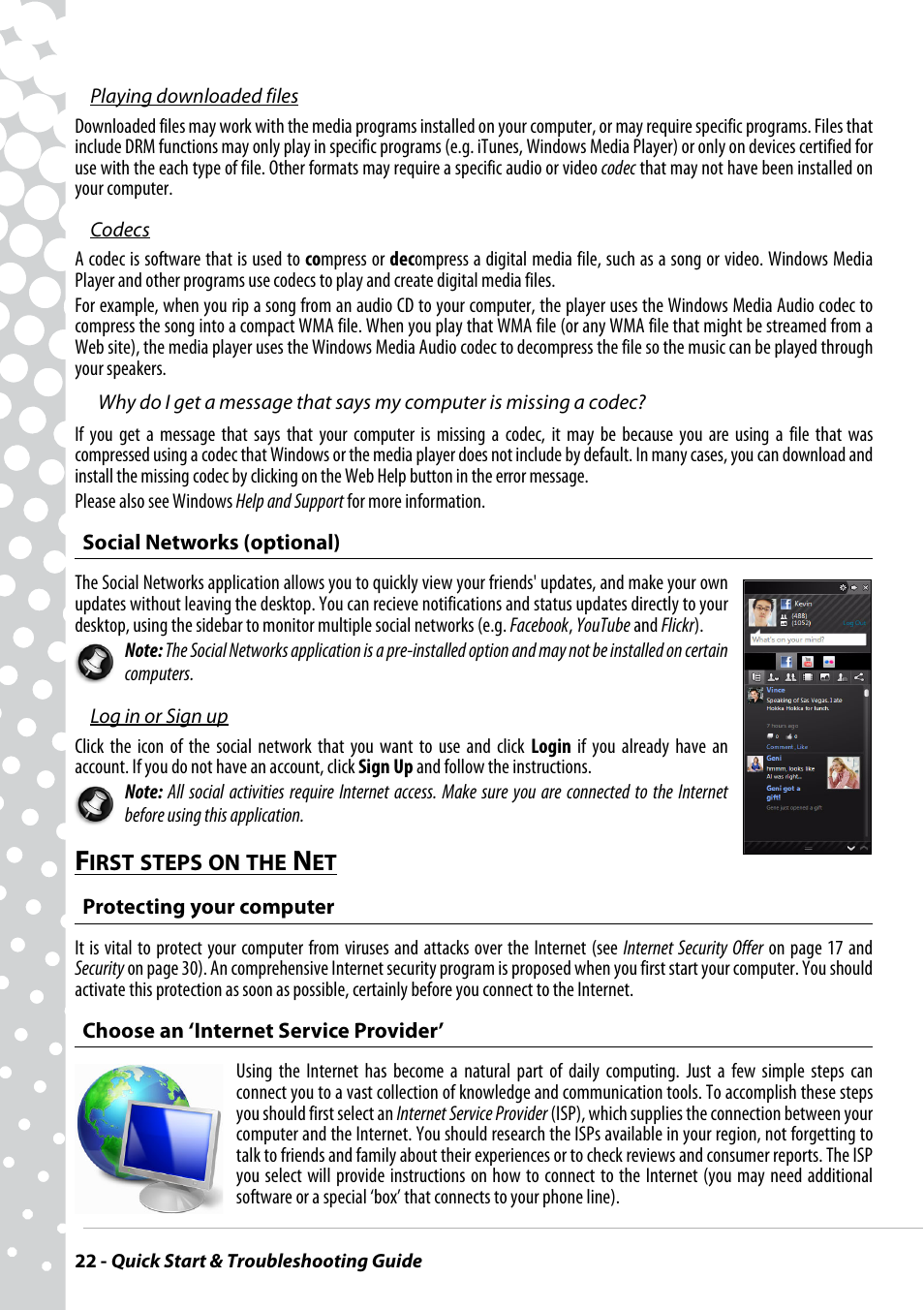 Social networks (optional), First steps on the net, Protecting your computer | Choose an ‘internet service provider, Choose | PACKARD BELL EN BG35 User Manual | Page 22 / 56