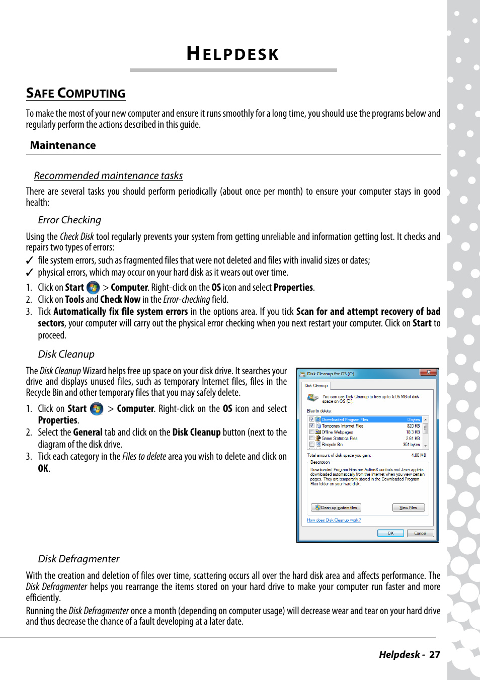 Helpdesk, Safe computing, Maintenance | PACKARD BELL EN BG35 User Manual | Page 27 / 56