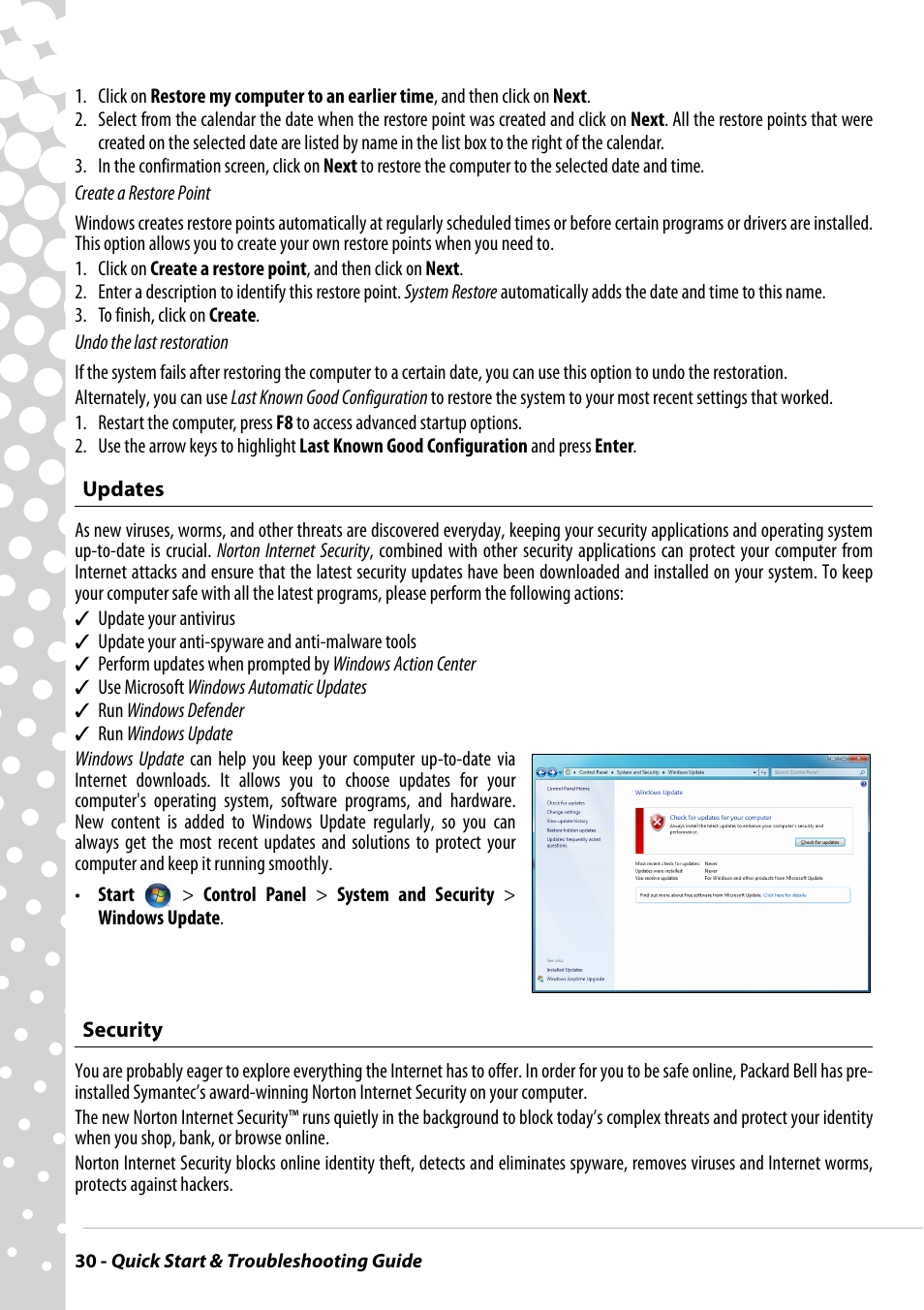 Updates, Security | PACKARD BELL EN BG35 User Manual | Page 30 / 56